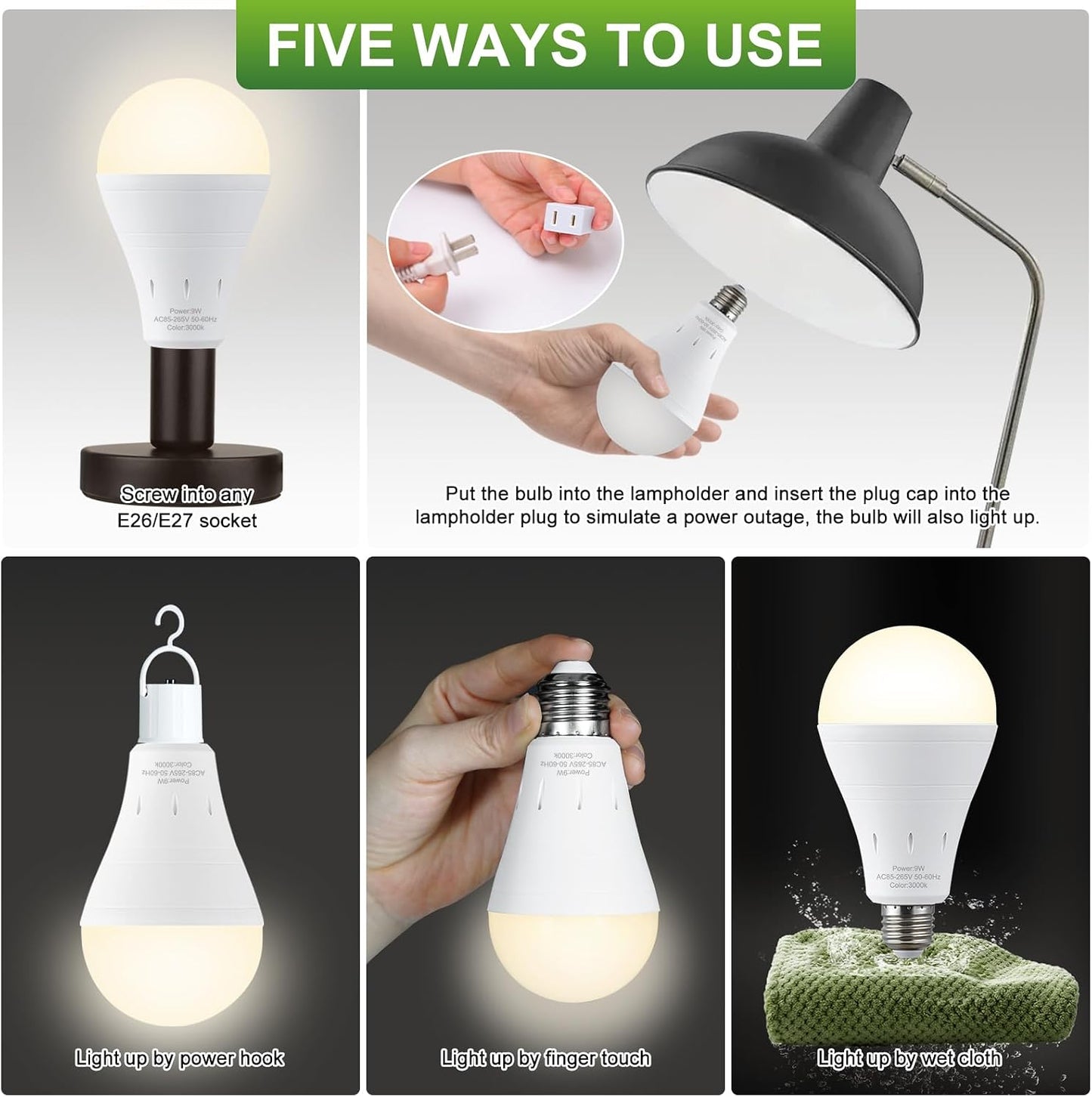 DEBAOBULB 4 Pack Rechargeable Emergency Light Bulbs, Battery Powered LED Light Bulb 6000K Daylight E26 120 Volt 9W 60W Equivalent with 1200mAh for Home Power Outage Camping Hurricane