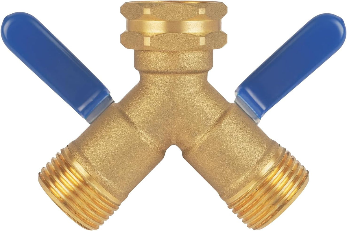 Hose Splitter 2 Way Heavy Duty, Full Flow Garden Hose Splitter with Large Easy-Turn Handle, 3/4 Inch GHT Brass Water Hose Splitter for Outdoor Faucet, Y Valve Hose Bib Splitter