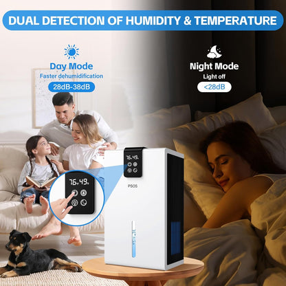PSOS Dehumidifier, Dehumidifiers for Home, 98 OZ Water Tank, (1000 sq.ft) Quiet Dehumidifier for Bathroom Basement Bedroom with Humidity Display, Relaxing 7 Color Ambient Light, Auto Shut Off(White)