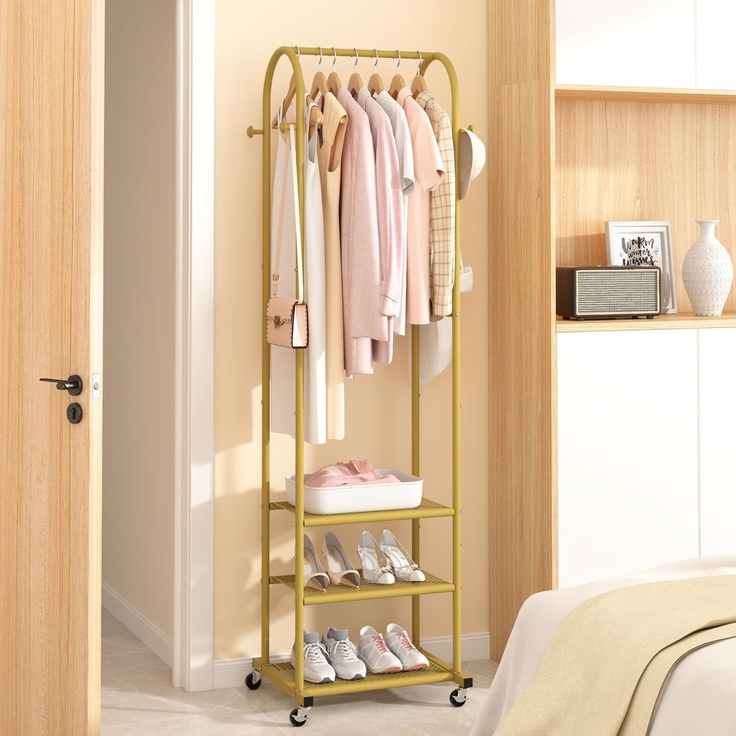 Kaitiemoo Heavy Duty Clothing Rack with Wheels,Modern Garment Rack with 3 Metal Shelves, 71.8Inches Display Rack for Hanging Clothes, Hanging Rod for Small Spaces,White