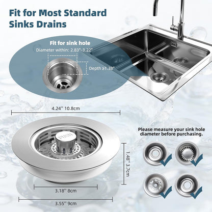 Hibbent Upgraded 3 in 1 Kitchen Sink Drain Strainer, Stainless Steel Pop Up Sink Stopper, Larger Anti-Clogging Basket, 3-Layer Seal, Detachable Drain Plug for US Standard 3-1/2" Drain, Brushed Nickel