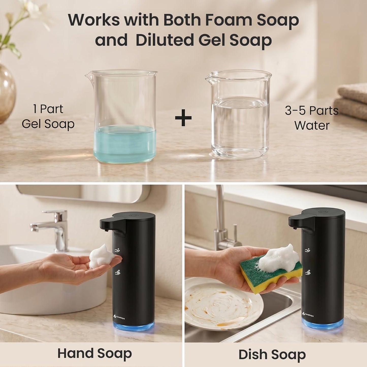 GentleJet EasyFoam Automatic Foaming Soap Dispenser Touchless Sensor, USB-C Rechargeable, 304 Stainless Steel, IPX5 Waterproof for Bathroom Kitchen Sink, 280 ml