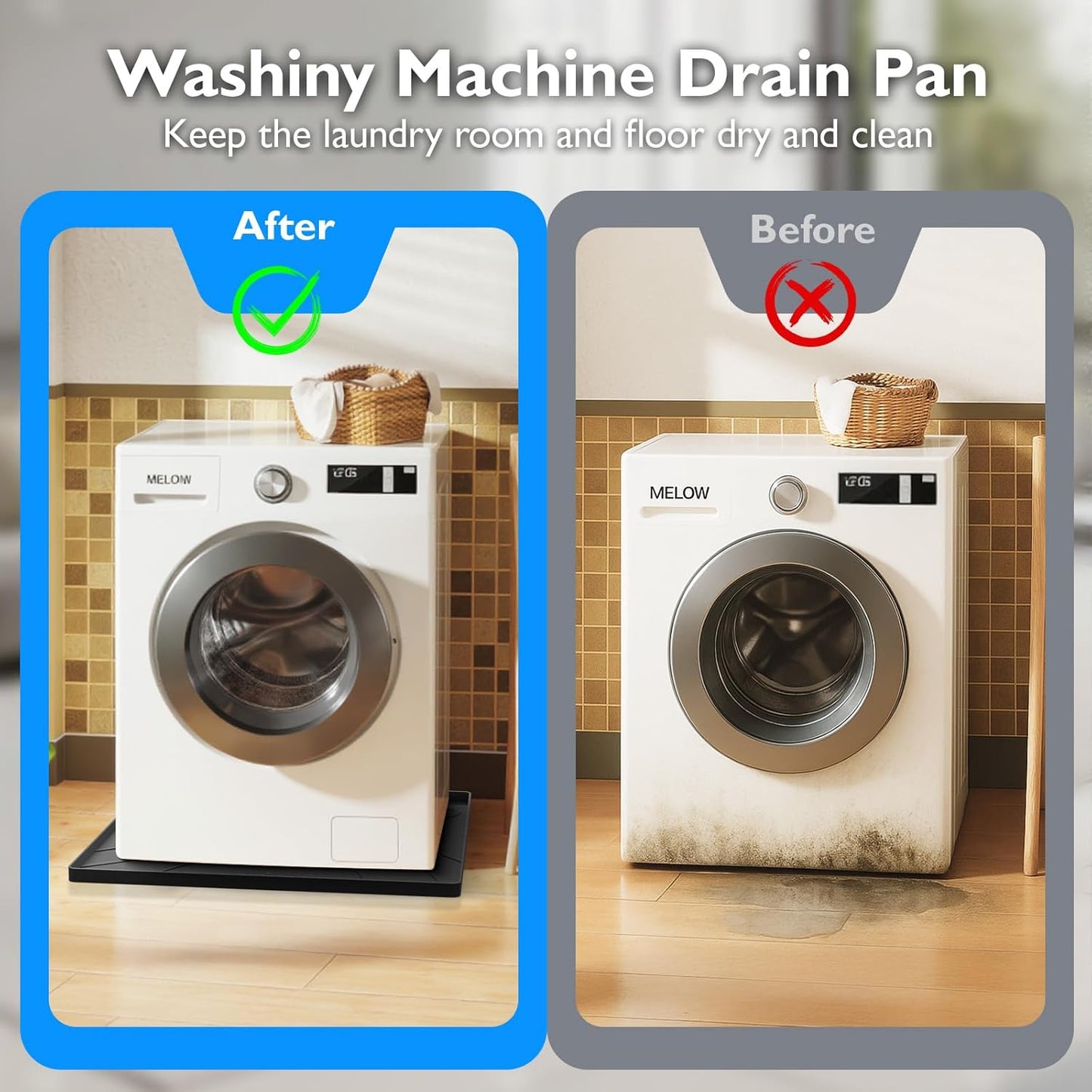 Washing Machine Drain Pan Silicone Mat,Extra Thick 33x30inch Non-Slip Waterproof Washer Tray,Raised Edge Drip Mat for Under Dryer or Washer,Anti-Vibration,Floor Leak Protector for Laundry Room
