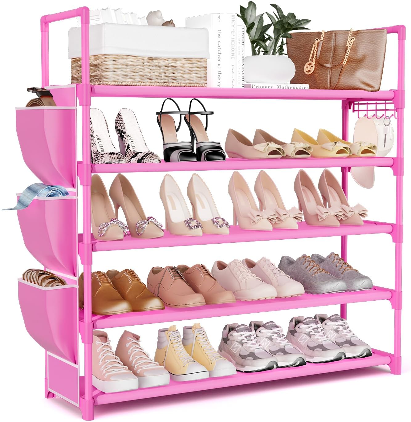 VILICK 5 Tier Shoe Rack with Hook and Side Pocket,Shoe Organizer Space Saver Storage for 20-25 Pair Shoe Storage Shelf Sturdy Free Standing Long Shoe Rack Organizer for Closet,Entryway,Small Spaces