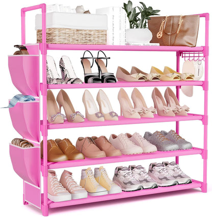 VILICK 5 Tier Shoe Rack with Hook and Side Pocket,Shoe Organizer Space Saver Storage for 20-25 Pair Shoe Storage Shelf Sturdy Free Standing Long Shoe Rack Organizer for Closet,Entryway,Small Spaces