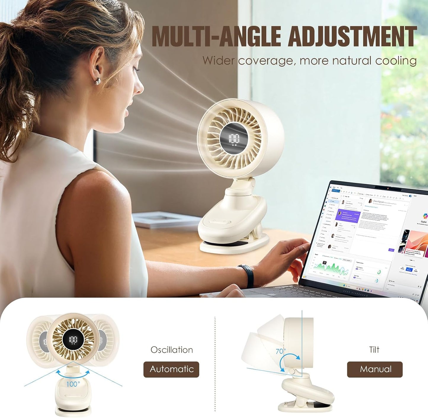 TRILINK Clip on Fan, Small USB Desk Fan with Rechargeable Battery, Oscillation, Timer, Stepless Speed & Ultra Quiet, Mini Portable Table Fan for Home, Desktop, Bedroom, Bed, Office, Travel, & Camping