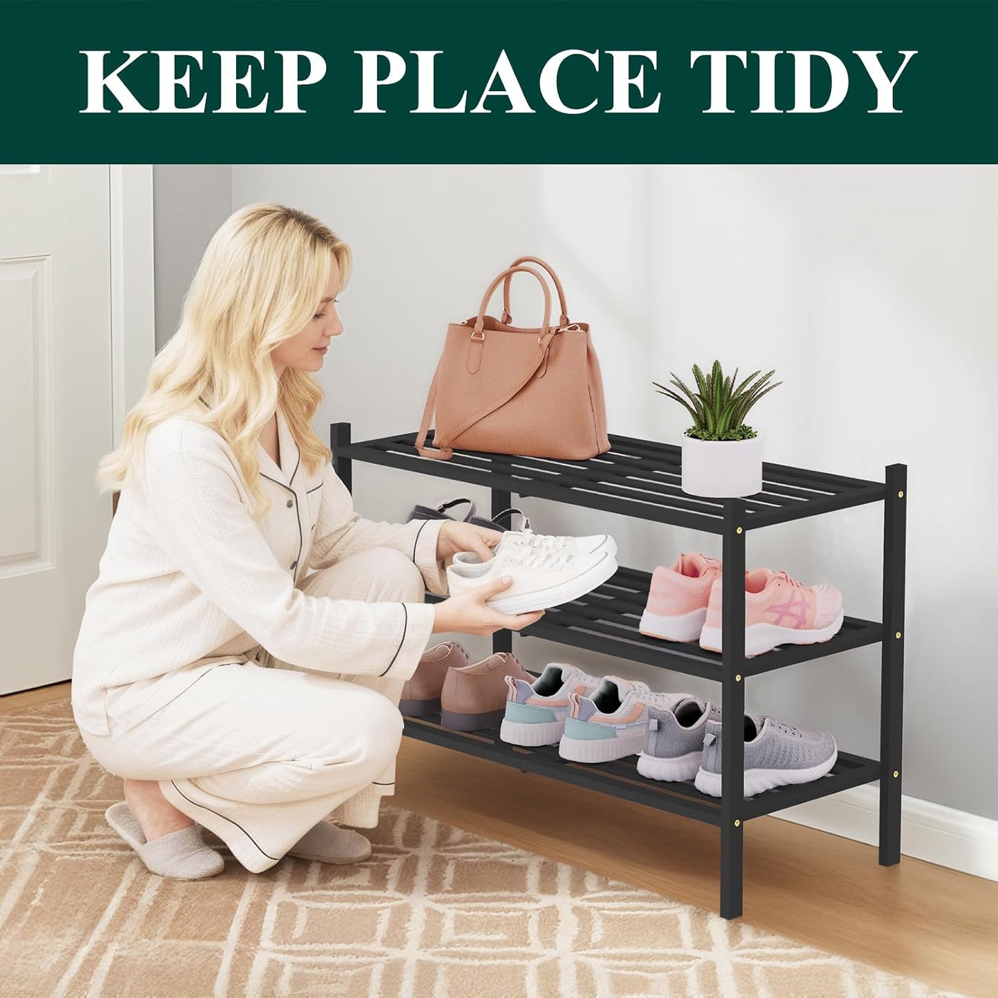 Smiry Bamboo Shoe Rack, 3 Tier Free Standing Wooden Shoe Organizer, Stackable Wood Shoe Storage Shelf for Closet, Entryway, 5 Horizontal Slats, 26.8"x11"x18.3", Natural