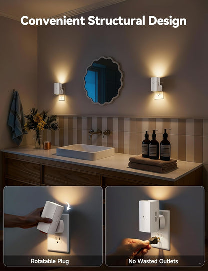 Brightown 2 Pack Night Lights Plug Into Wall, Modern Night Light with Rotating Plug, Dusk to Dawn Sensor, 0-100LM Stepless Dimming Nightlights, Home Decor for Hallway Bedroom Bathroom, Soft White