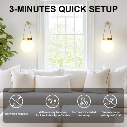 Battery Operated Wall Sconces Set of 2, Gold Wall Lamps for Bedroom with Remote Control Warm/Natural/Daylight/RGB 15 Colors Dimmable Rechargeable Wireless Globe Wall Lights Retro Living Room Hallway