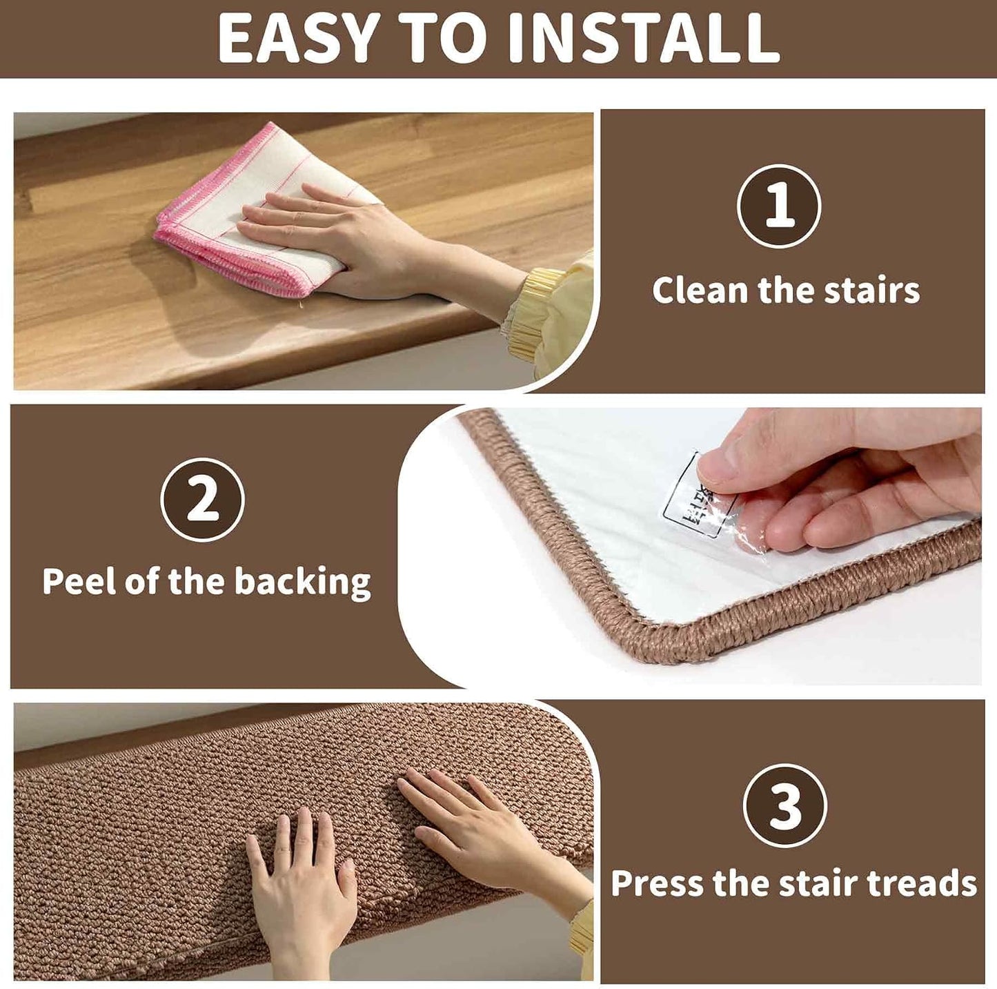 Brakki Bullnose Carpet Stair Treads, Non Slip Stair Treads for Wooden Steps Indoor, Stair Runner, Soft Stair Rugs, Edging Stair Protectors, Washable, 29.5"x9.5"x1.5" 14pcs, Beige