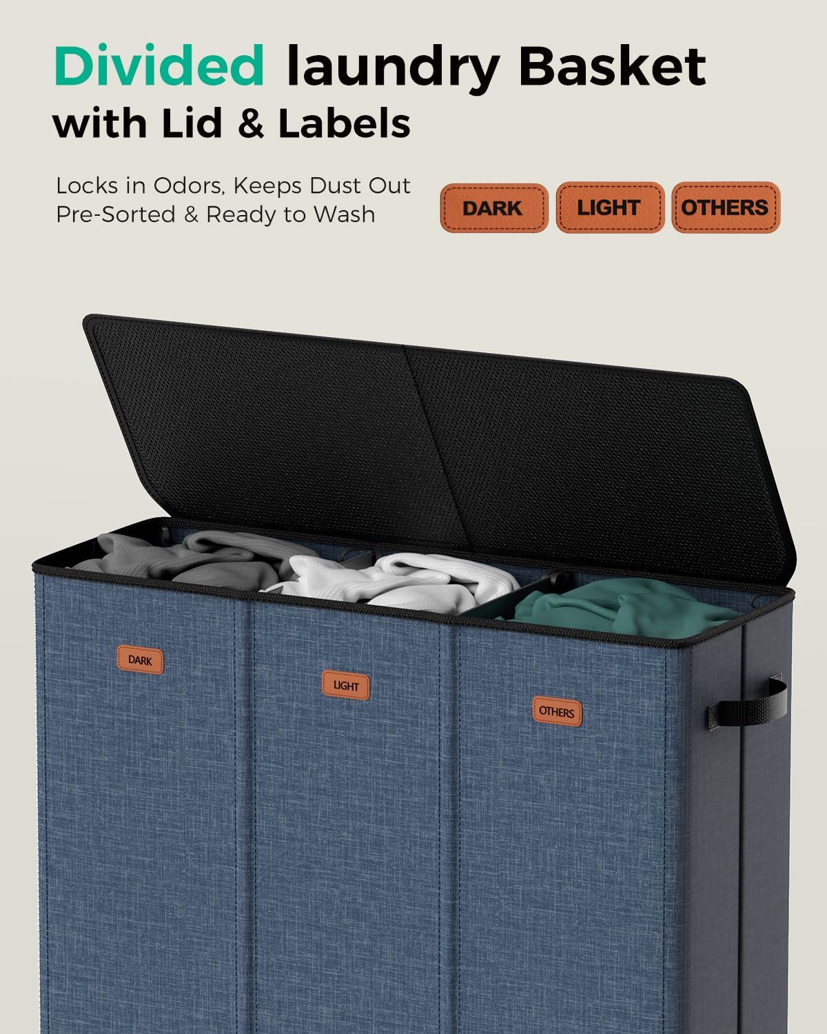 185L Laundry Hamper 3 Section with Lid & Removable Bags | Collapsible laundry basket organizer for laundry room, bedroom & dorm with 3 removable washing bags