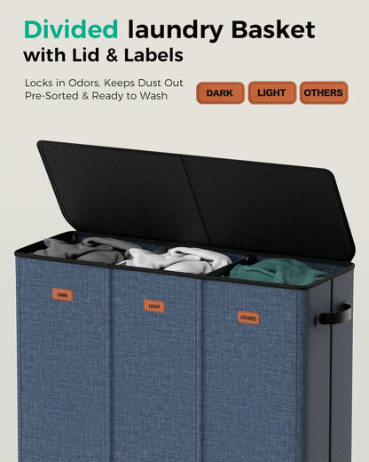 185L Laundry Hamper 3 Section with Lid & Removable Bags | Collapsible laundry basket organizer for laundry room, bedroom & dorm with 3 removable washing bags