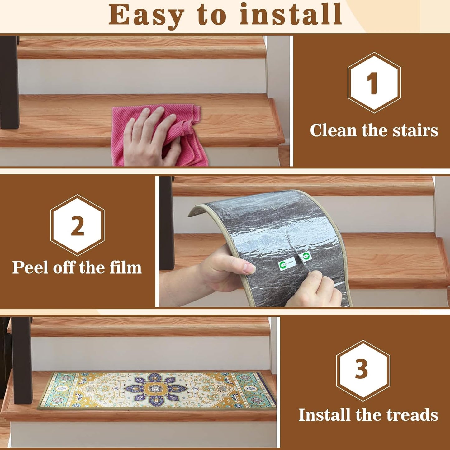 15Pcs Stair Treads for Wooden Steps With Self Adhesive, 8"x30" Non Slip Stair Runners-Peel & Stick Indoor Stair Carpet Runner, Resistant Runner for Kids, Elders and Pets, Black