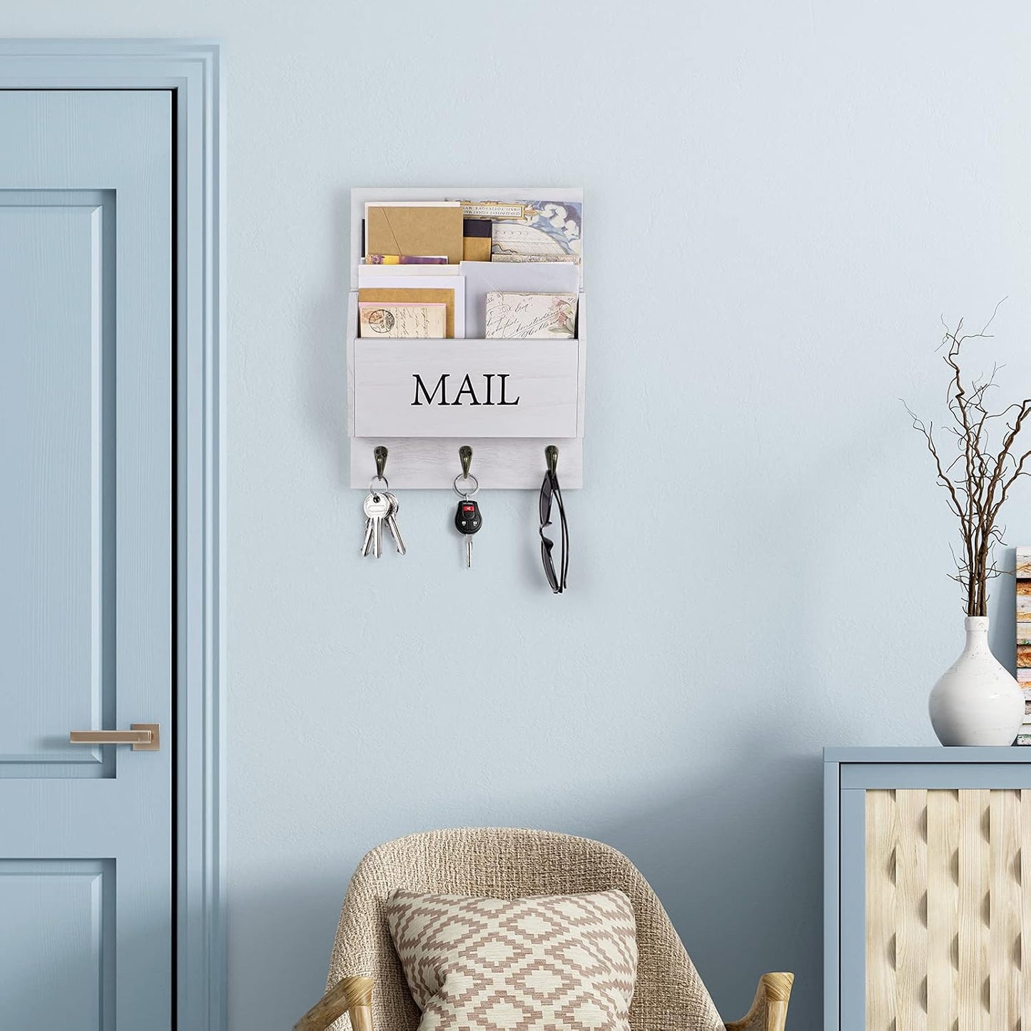 DLQuarts Mail Organizer with Key Holder for Wall, Mail Sorter Wall Mounted, Decorative Wooden Key and Mail Holder with 3 Hooks, Black