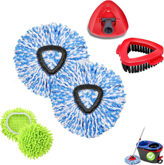 Spin Mop Head Refills Compatible with OCedar RinseClean 2-Tank System - 6-in-1 Kit Includes 4 Microfiber Replacement Heads, 1 Mop Base & 1 Scrub Brush - Machine Washable Floor Cleaning Set