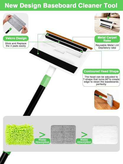 4-in-1 Baseboard Cleaning Tool with Handle 5 Reusable Pads 1 Stiff Bristle Brush Carpet Rake for Pet Hair Removal Baseboard Cleaner Carpet Windows Wall Floor Bathroom Kitchen