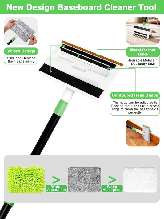 4-in-1 Baseboard Cleaning Tool with Handle 5 Reusable Pads 1 Stiff Bristle Brush Carpet Rake for Pet Hair Removal Baseboard Cleaner Carpet Windows Wall Floor Bathroom Kitchen