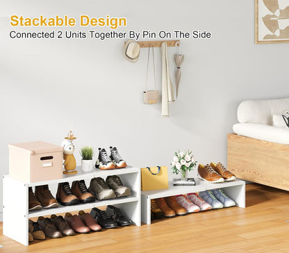 White Shoe Rack Organizer for Closet, 2-Tier Expandable Shoe Shelf, Stackable Iron Wood Combination Small Shoe Racks Shelves for Closets, Entryway,Small Space,Hallway,Bedroom,Bathroom,6-12 Pairs