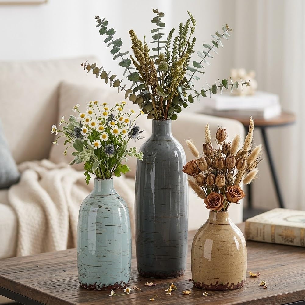 Ceramic Vase Set of 3, Small Flower Neutral Vases Home Decor, Pottery Rustic Farmhouse Decorative Vases, Modern Decor for Table Mantel Entryway Bookshelf Living Room Kitchen Bedroom