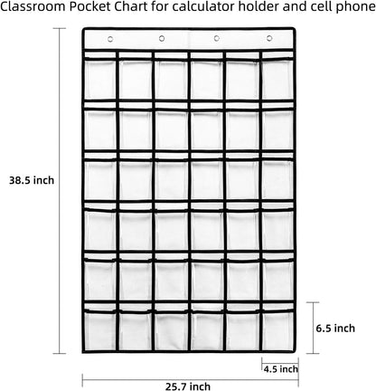 SAVERHO 36 Clear Pockets Classroom Pocket Chart for Cell Phone and Calculator Holder, Door Hanging Pocket Chart for Classroom Phone Holder with Number Sticker and Hooks (Blue)