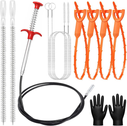 All-in-One Drain Snake 8 Set—Heavy Duty Plumbing Snake,Flexible Clog Remover,Cleaning Brush,Sink Drain Brush and Gloves for Bathtub,Toilet,Sewer,Kitchen Sink,Drainage Pipe