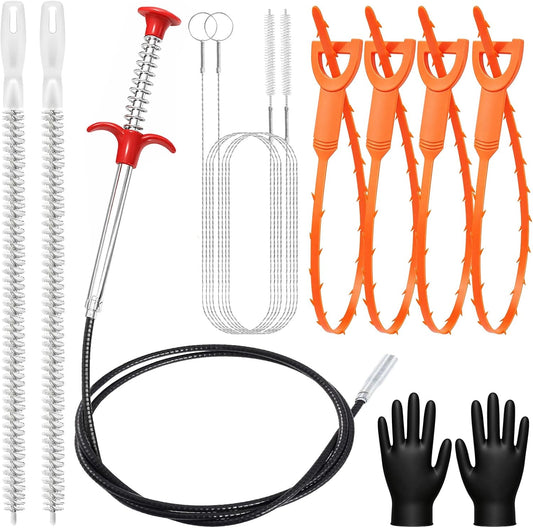 All-in-One Drain Snake 8 Set—Heavy Duty Plumbing Snake,Flexible Clog Remover,Cleaning Brush,Sink Drain Brush and Gloves for Bathtub,Toilet,Sewer,Kitchen Sink,Drainage Pipe