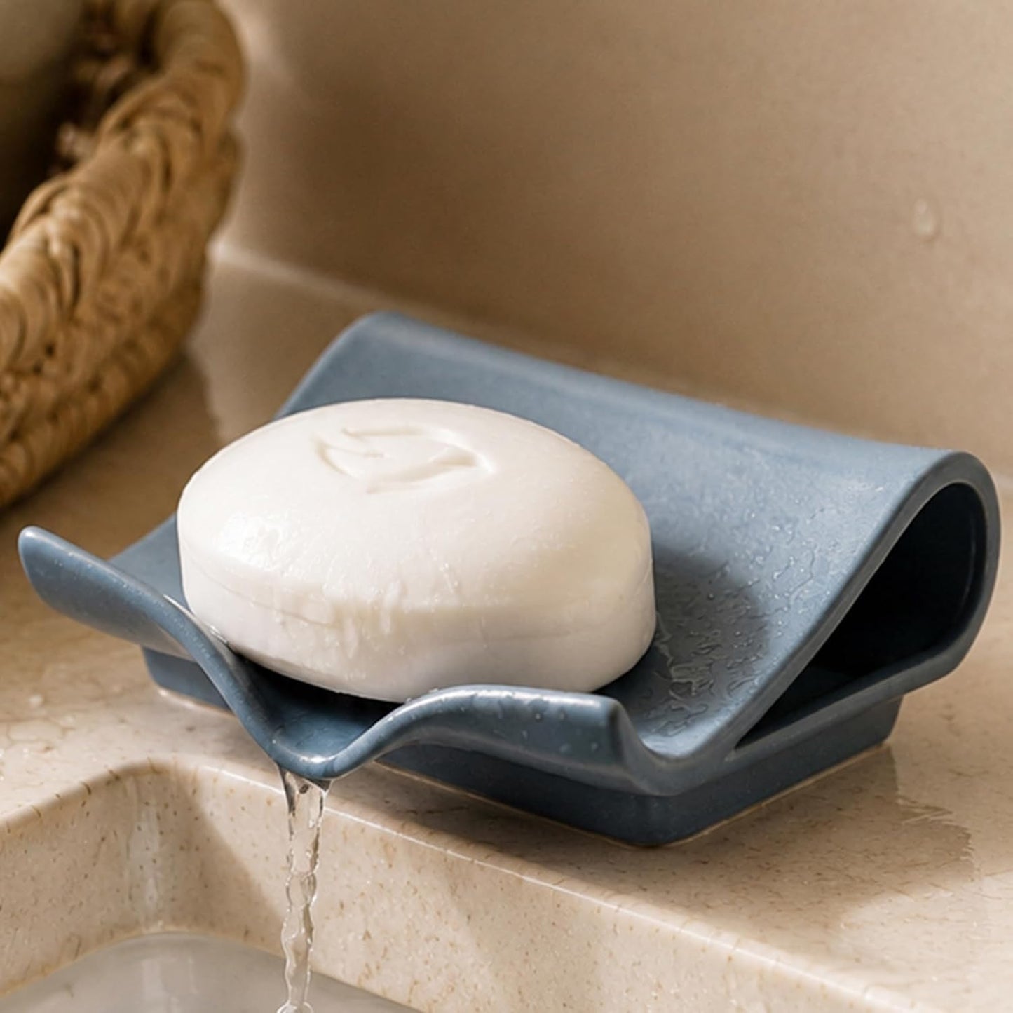 Zoeeker Self-Draining Soap Dish, Ceramic Soap Holder with Drain Spout Waterfall Drying Tray for Shower Bathroom Kitchen Sink Bathtub, Keep Soap Bars Dry, Blue