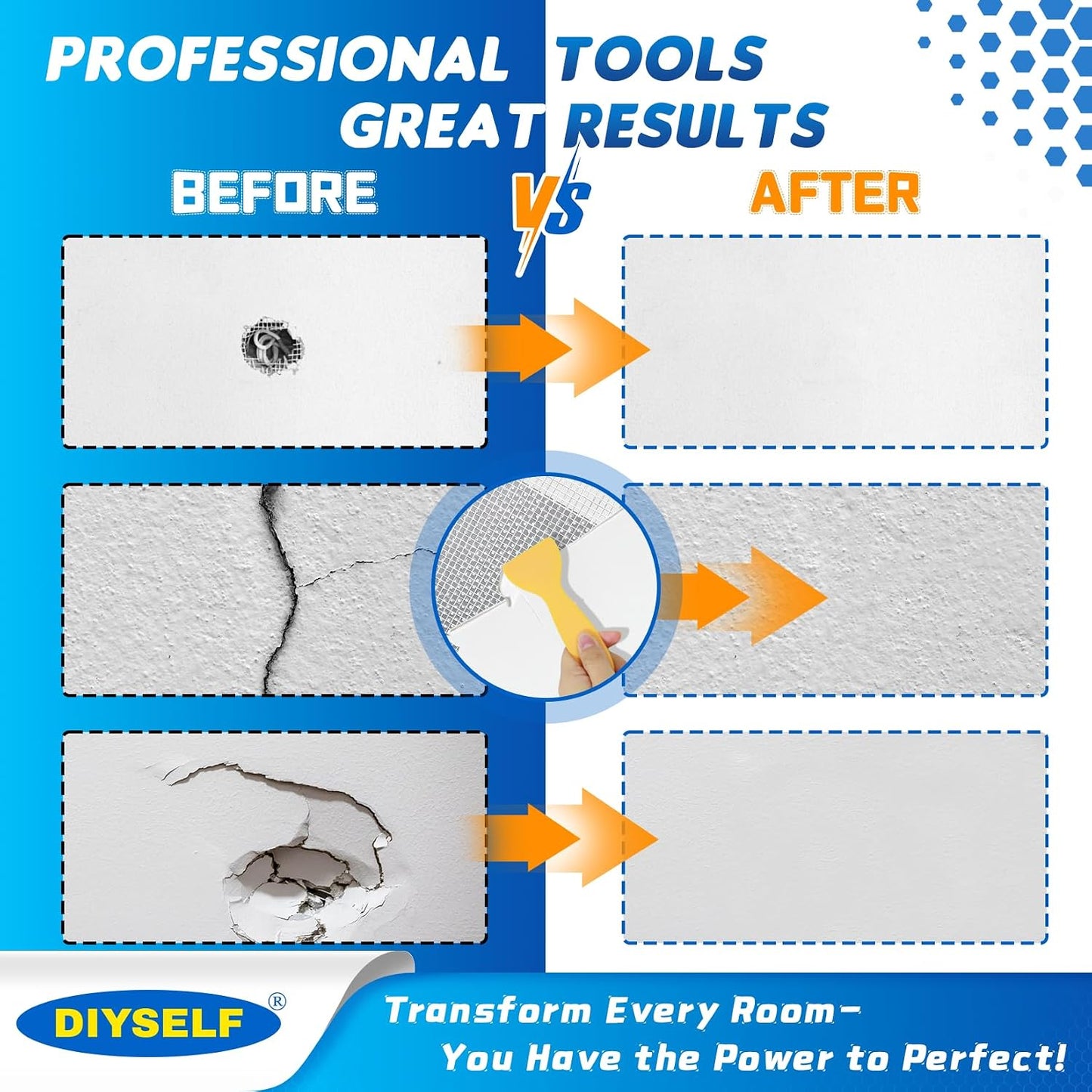 DIYSELF 9 Pack Drywall Repair Kit, Surface Repair Kit, Spackle Wall Repair, 2×100g (7oz Total) Putty, White Drywall Mud, Plaster for Holes, Cracks, Gaps, Fast-Drying Hole Filler with Scraper, Sander