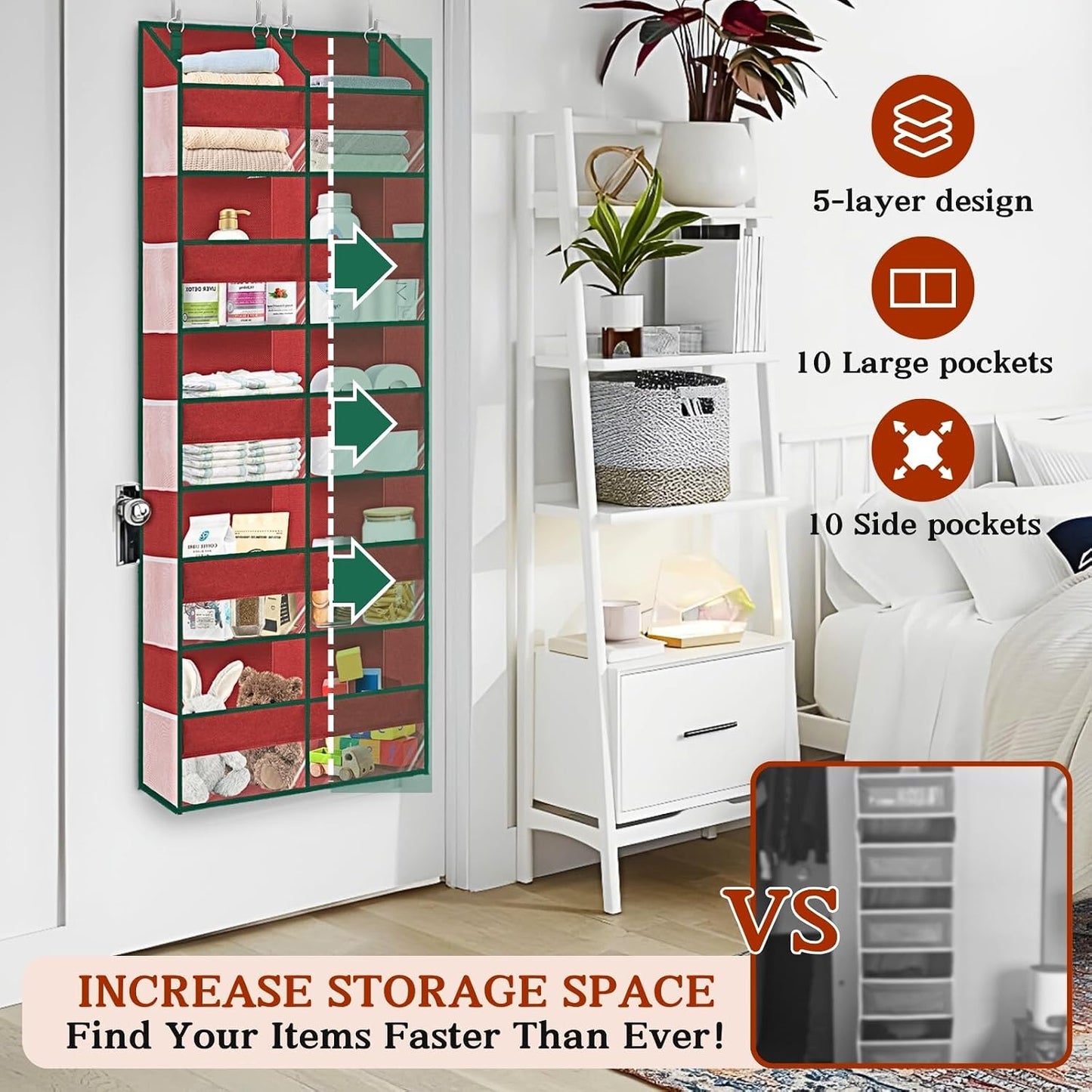 Over The Door Organizer, 5-Tier Extra Large Behind Door Storage with 10 Big Front & 10 Mesh Pockets, 80lb Capacity, Hanging Storage Organizer with Clear Window Kids Toys, Shoes, Diapers, Light Grey