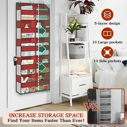 Over The Door Organizer, 5-Tier Extra Large Behind Door Storage with 10 Big Front & 10 Mesh Pockets, 80lb Capacity, Hanging Storage Organizer with Clear Window Kids Toys, Shoes, Diapers, Light Grey