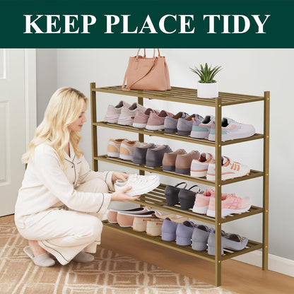 Smiry Bamboo Shoe Rack, 3 Tier Free Standing Wooden Shoe Organizer, Stackable Wood Shoe Storage Shelf for Closet, Entryway, 5 Horizontal Slats, 26.8"x11"x18.3", Natural