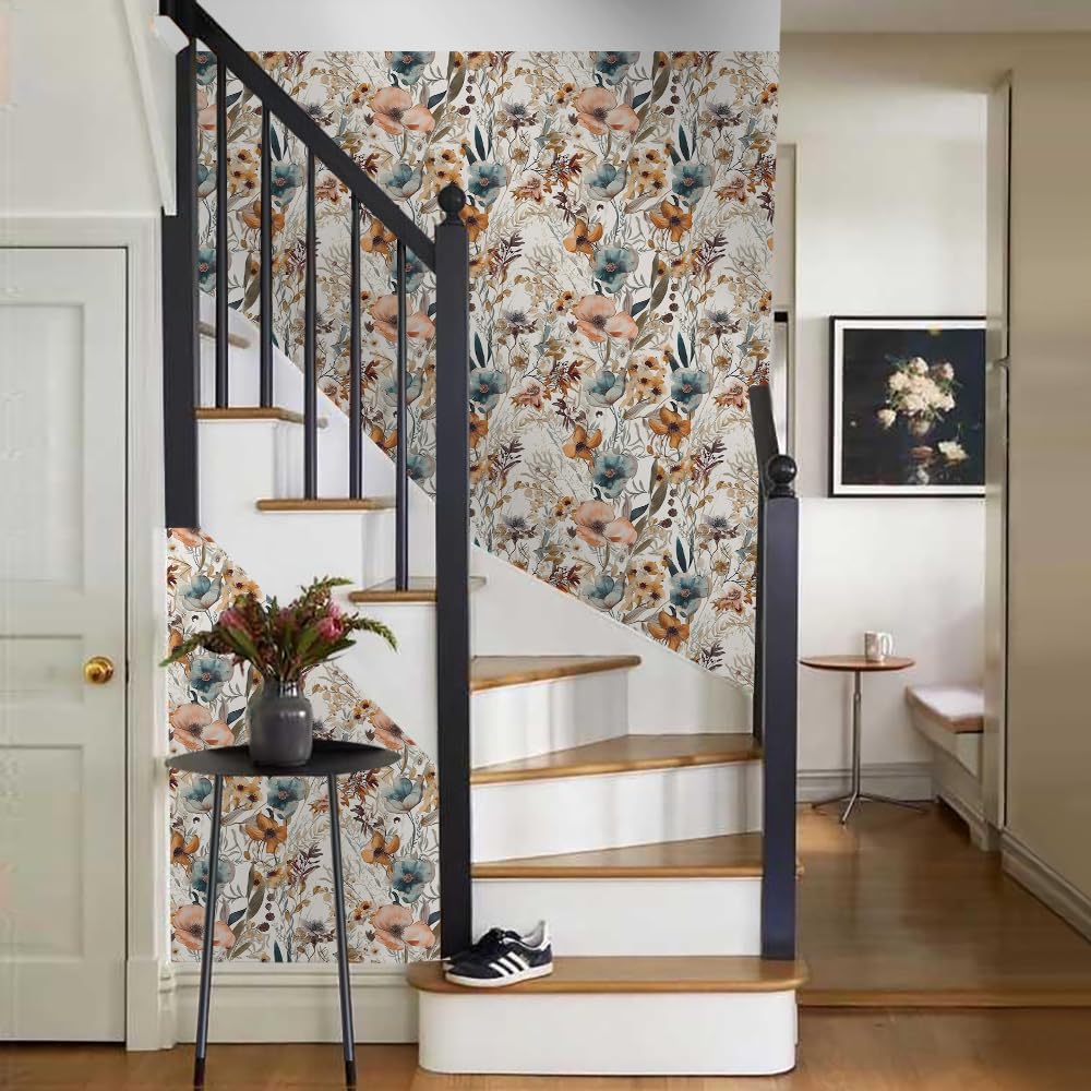 MuralPeel White/Pink/Gold Floral Garden Black Blue Flowers Vintage Peel and Stick Wallpaper Self Adhesive Removable Easy Peel Off Contact Paper Stick on Wall Paper for Bedroom Cabinet Renter Friendly