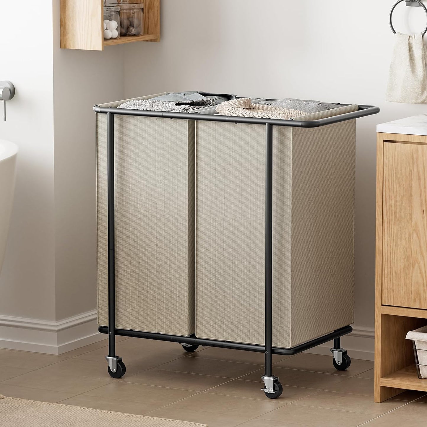 Double Laundry Hamper with Wheels,200L Rolling Laundry Basket 2 Section with Lid,Steel Frame Laundry Cart with Handle and Removable Bags,Dirty Clothes Hamper for Laundry Room,Dorm,Black