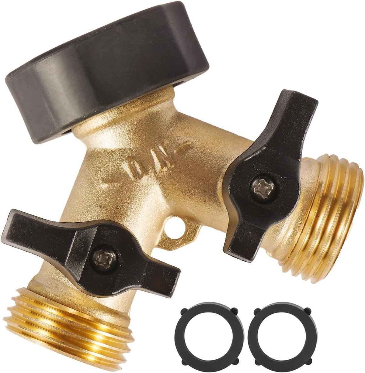Garden Hose Splitter 2 Way Heavy Duty, Brass Hose Y Splitter with Shutoff Valve, Easy Grip Handle, Water Spigot Outdoor Faucet Splitter Y Adapter with 2 Extra Rubber Washers