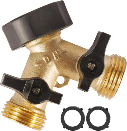 Garden Hose Splitter 2 Way Heavy Duty, Brass Hose Y Splitter with Shutoff Valve, Easy Grip Handle, Water Spigot Outdoor Faucet Splitter Y Adapter with 2 Extra Rubber Washers