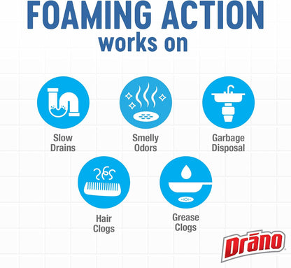 Drano EarlyAction Foamer, Drain Clog Remover & Cleaner, Unclogs Hair, Grease, Soap & Slow Drains, Removes Sources of Odor, Safe for Septic, Pipes, Garbage Disposals, Showers & Sinks, 17 Fl Oz