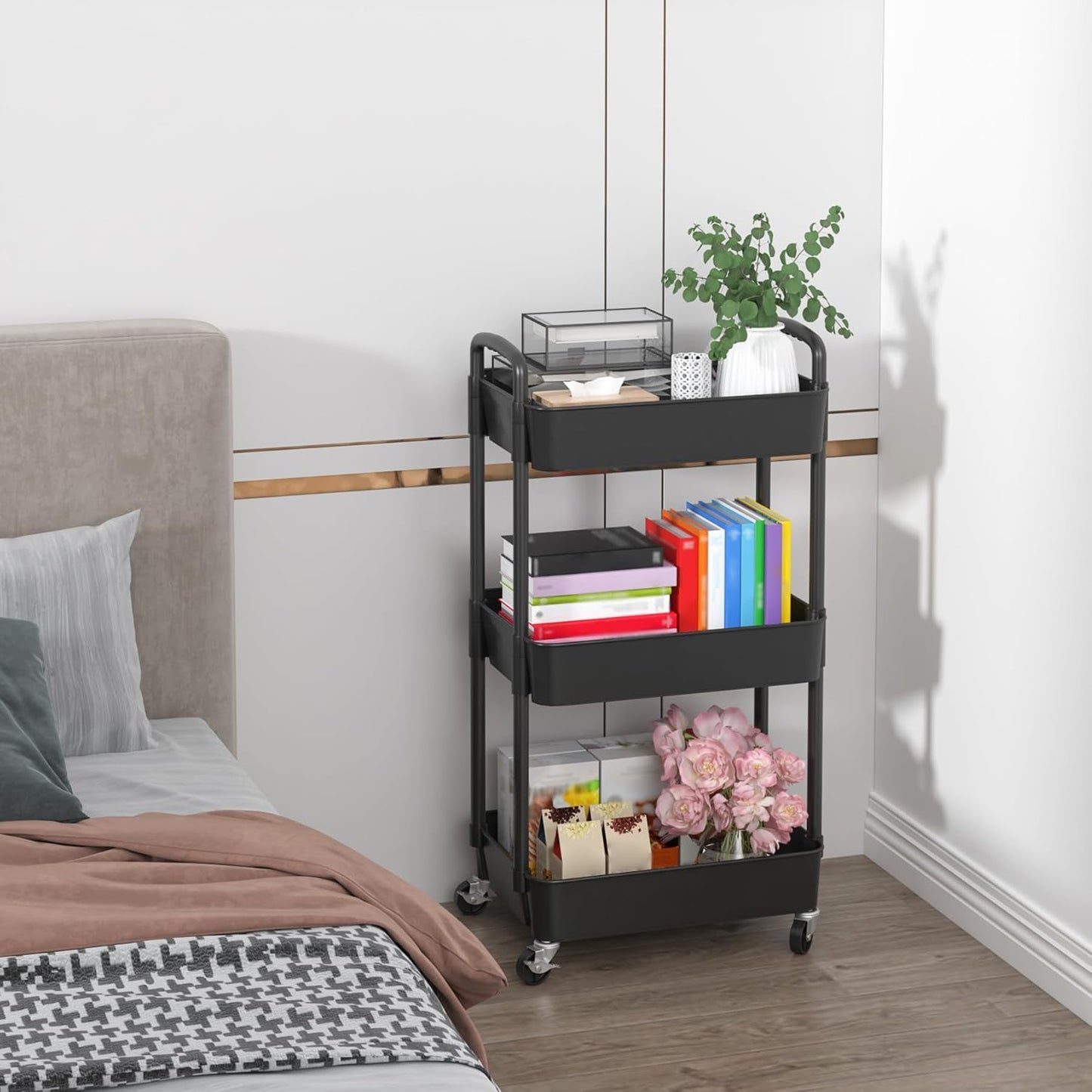 Sywhitta 4-Tier Plastic Rolling Utility Cart with Handle, Multi-Functional Storage Trolley for Office, Living Room, Kitchen, Movable Storage Organizer with Wheels, Black