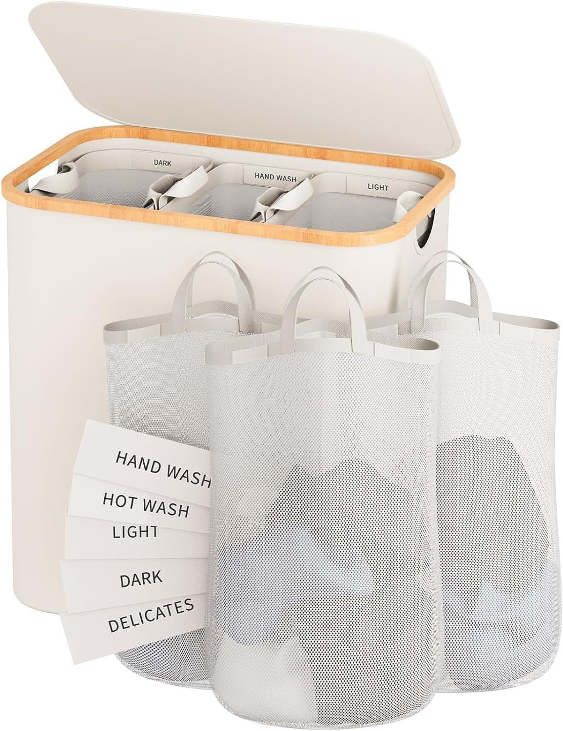 160L Laundry Hamper with Lid, 3 Section Laundry Basket with 3 Removable Bag | Clothes Hampers for Laundry with Bamboo Frame Handle, Large Dirty Clothes Hamper for Laundry Room, Bathroom, Bedroom, Black