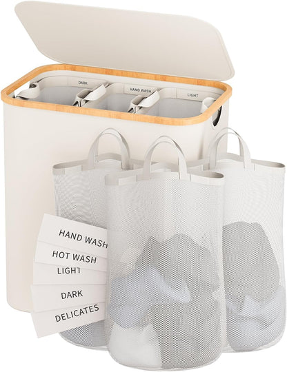 160L Laundry Hamper with Lid, 3 Section Laundry Basket with 3 Removable Bag | Clothes Hampers for Laundry with Bamboo Frame Handle, Large Dirty Clothes Hamper for Laundry Room, Bathroom, Bedroom, Black