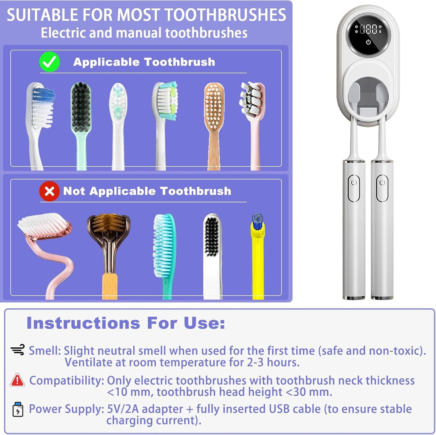 Wall Mounted Toothbrush Holder, Toothbrush Covers with 2 Toothbrush Slots, Portable Cleaning Box for Electric and Manual Toothbrushes, Inductance Cleaner Case Without Drilling (White)