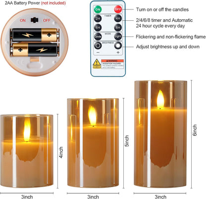 5plots Glass Battery Operated White Flameless Candles with Remote Timer, 3D Wick Real Wax Pillar Led Candles Warm Flickering Light for Indoor Home, Halloween, Christmas Decor, Set of 3, D3 x H4 5" 6"