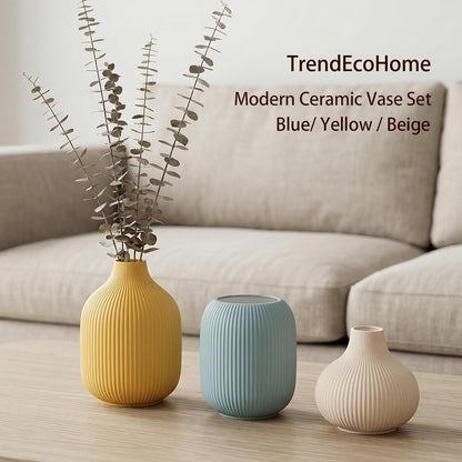 White Ceramic Flower Vases Set of 3, Modern Matte Vertical Ribbed, Nordic Minimalist Decor for Pampas, Dried & Fresh Flowers, Centerpiece for Living Room, Shelf, Entryway, Wedding,Office