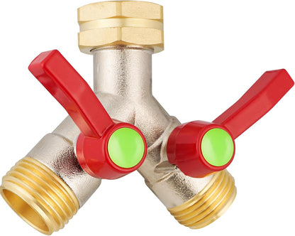 Hose Splitter 2 Way, High Flow Garden Hose Splitter, 3/4” Ght Inlet Brass Heavy Duty Hose Converter, Full Flow water 2 Way Faucet hose splitter, Long Handle Hose Valve Large Outlet.