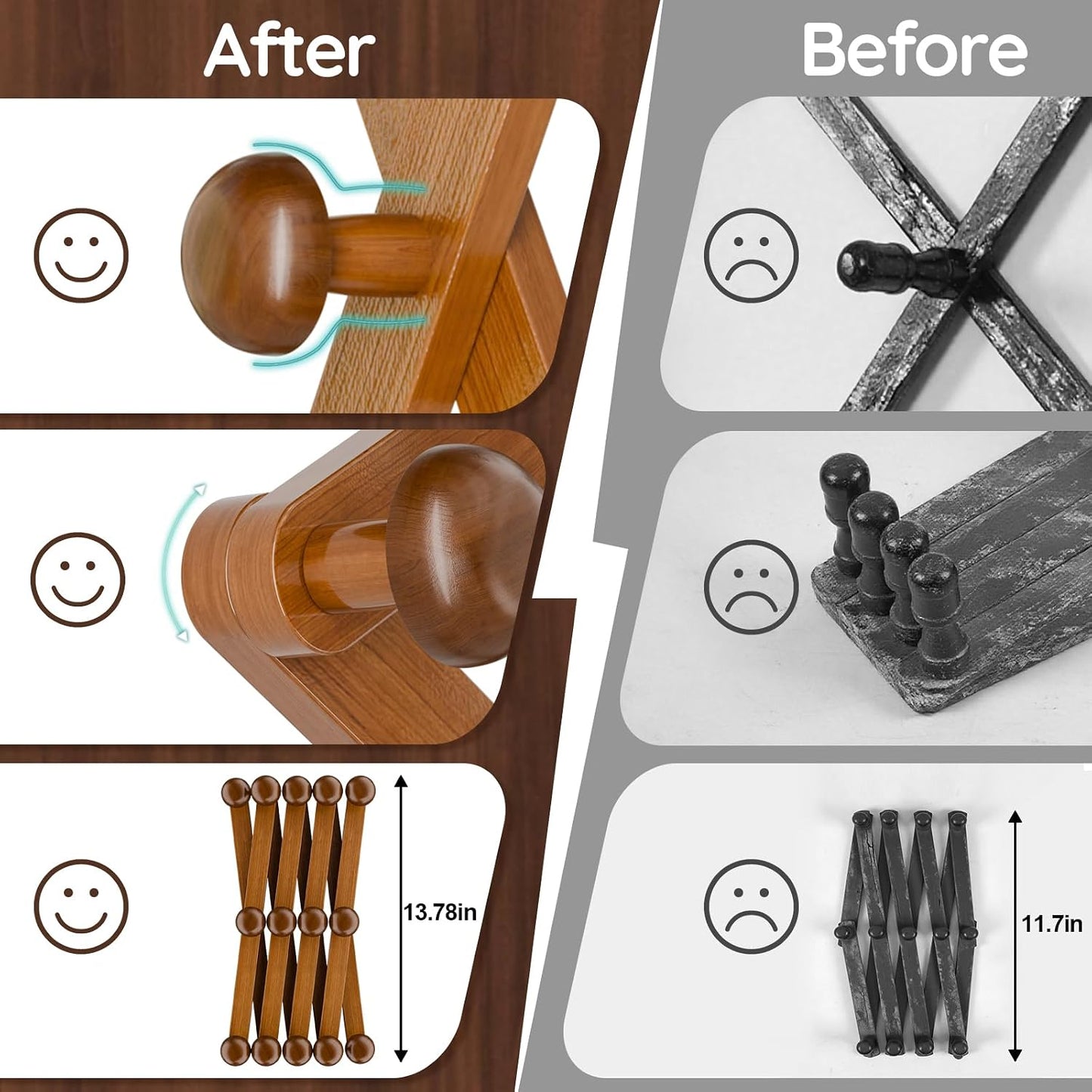 WGFKVAS 2 Pack Accordion Hat Rack for Wall - Expandable Coat Rack & Wall Mounted Hat Holder - Wooden Wall Hanger with 10 Peg Hooks for Coats, Baseball Caps, Keys & Mugs