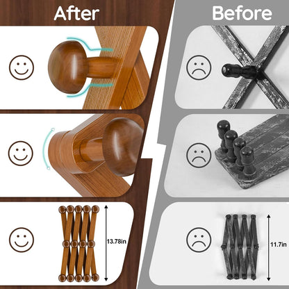 WGFKVAS 2 Pack Accordion Hat Rack for Wall - Expandable Coat Rack & Wall Mounted Hat Holder - Wooden Wall Hanger with 10 Peg Hooks for Coats, Baseball Caps, Keys & Mugs