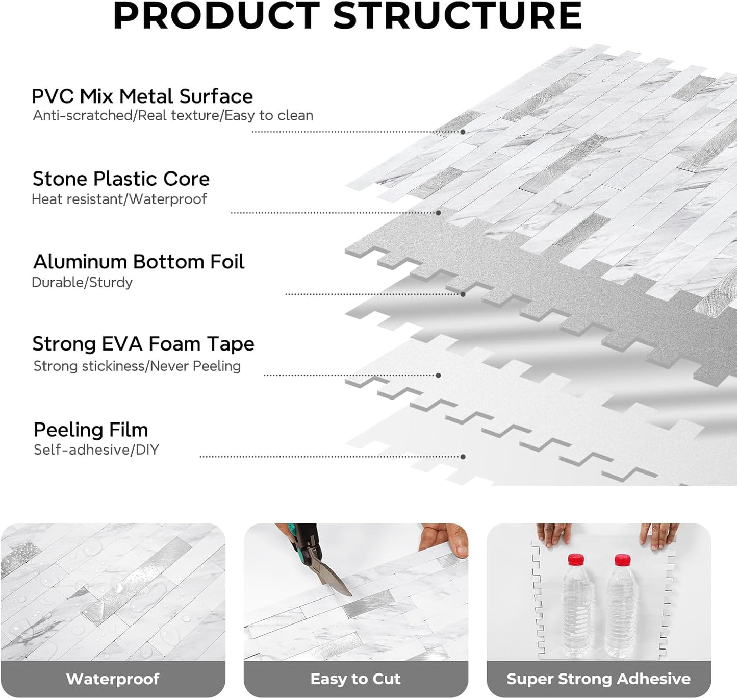 STICKGOO Peel and Stick Backsplash Tile, Stick on Backsplash for Kitchen and Bathroom, Volakas White Look PVC Mixed Metal Silver Self Adhesive Wall Tiles(Sample)