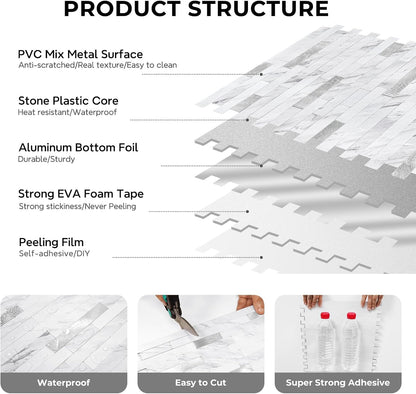 STICKGOO Peel and Stick Backsplash Tile, Stick on Backsplash for Kitchen and Bathroom, Volakas White Look PVC Mixed Metal Silver Self Adhesive Wall Tiles(Sample)