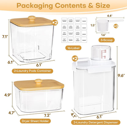 Homde Clear Laundry Detergent Dispenser: 3+2 Pack Reusable Pods Container with Lids for Dryer Balls - Plastic Sheets Holder Set for Scent Booster