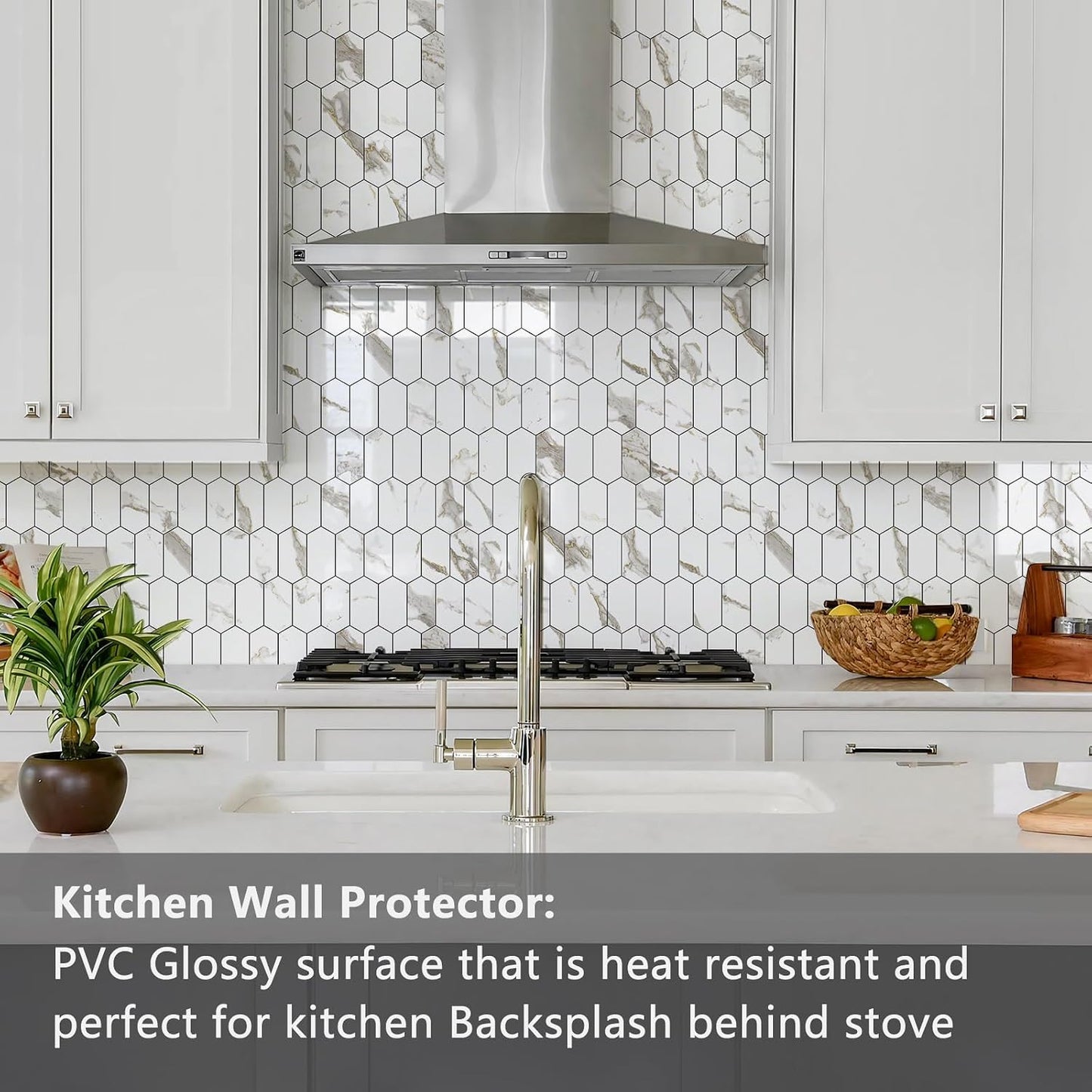 Vamos Tile Long Hexagon Peel and Stick Backsplash Tile - 10 Sheets Stick on Backsplash for Kitchen and Bathroom 12.4 x 12 Inch Glossy Wood Grain PVC Self Adhesive Mosaic Wall Tiles