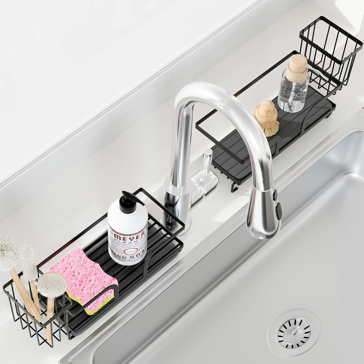 Sponge Holder for Kitchen Sink,Sink Caddy Organizer With Stone Drying Tray, Stainless Steel Kitchen Countertop Organizer for Sponge Soap Dispenser Black